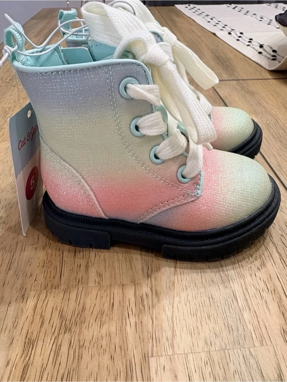 Cat & Jack Girls Pastel Ombre Glitter Lace-Up Boots - Mint, Pink & White